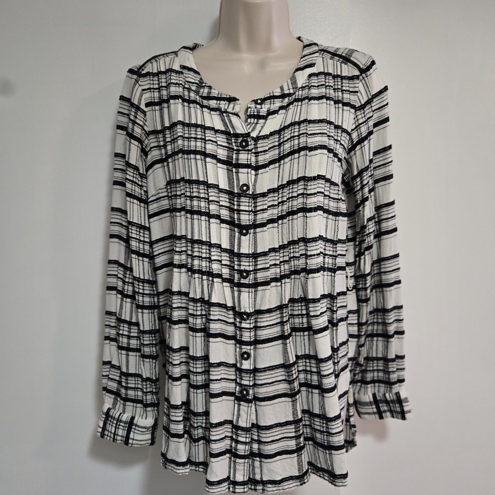 Anthropologie Size 2 (S) EU 34 Black Ecru Plaid Tunic Button Down Hi-Lo Blouse